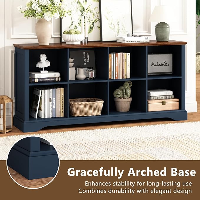 8 Cube Storage Organizer - 62" Long Horizontal Low Bookshelf,Farmhouse Wide Bookcase Open Shelf Wood Cubby Storage Console Cabinet for Living Room, Entryway, Office, Navy Blue