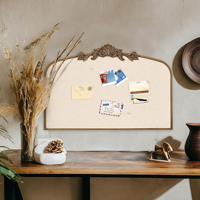 Vintage Framed Pin Board Linen Display Bulletin Board Large Cork Fabric Picture Photo Pinboard Memo Ornate Decorative Pinboard Ornate for Wall Gift(Arch,23.6" X 35",Antique Golden)