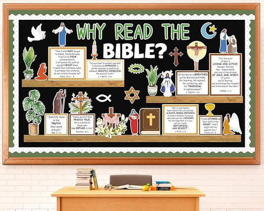 gisgfim Christian Plant Bulletin Board Decorations Set Religious Bookshelf Motivational Paper Cutouts Bible Verse Bulletin Board Decor for Classroom Back to School Sunday School Chalkboard Wall