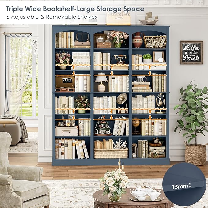 FACBOTALL 71" Triple Wide Bookshelf, 6 Tier Tall Bookshelf, Large Arched Bookcase with Curved Baffle, 63.4" Wide Book Shelf with 18 Open Display Shelves for Living Room, Study, Blue