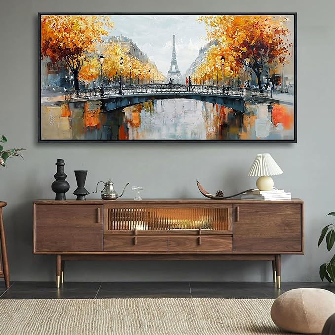 KLAKLA Black and White Canvas Wall Art for Living Room Bedroom Bathroom Orange Paris Theme Room Decor Oil Painting Print Tower Eiffel Painting for Wall Decor 29x58 Inches