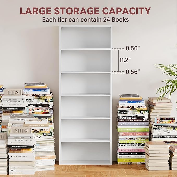 YESHOMY Industrial 6 Tier Bookcase, 71" Tall White Bookshelves Open Frame, Basic Floor Standing Bookcases & Bookshelf for Home Office, Living Room, Bed Room