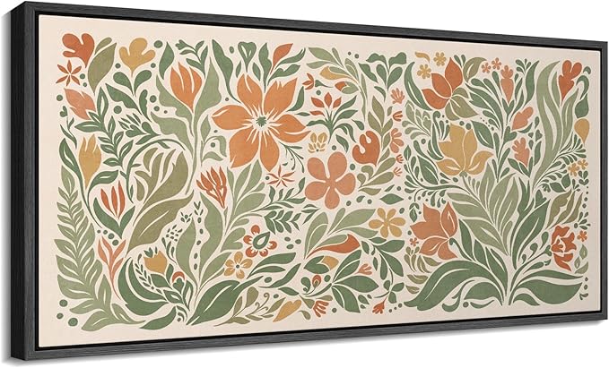SIGNFORD Extra Large Framed Canvas Folk Floral Garden in Earth Tones Illustrations Modern Art Calm Warm for Living Room, Bedroom, Office - 60"x30"