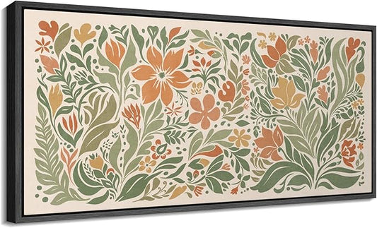 SIGNFORD Extra Large Framed Canvas Folk Floral Garden in Earth Tones Illustrations Modern Art Calm Warm for Living Room, Bedroom, Office - 60"x30"