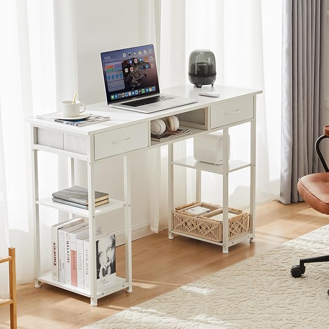 Sweetcrispy Computer Gaming Desk with Fabric Drawers - 48 Inch Home Office Bedroom Writing StudyTable with Storage Shelves Adjustable Feet PC Desk, White