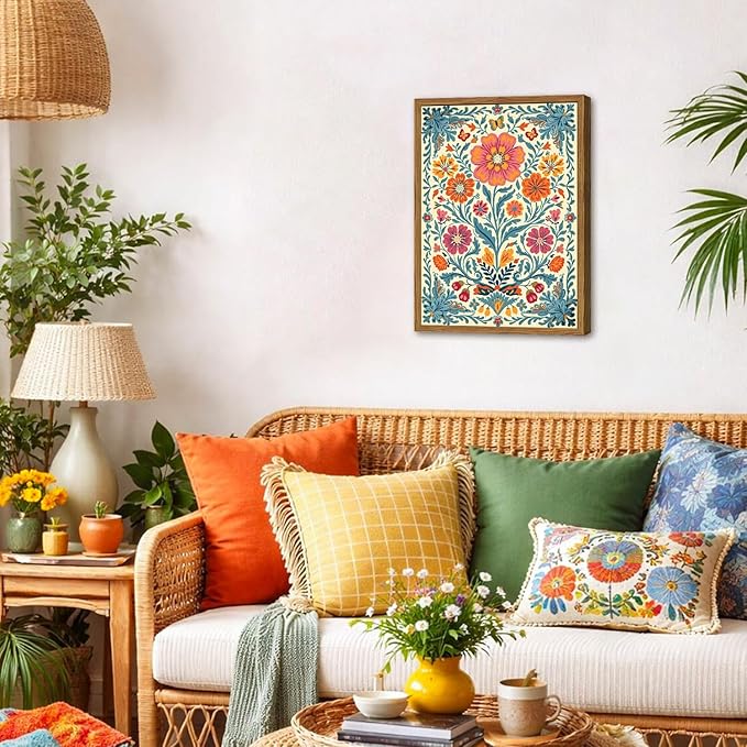 Framed Vintage Mexican Floral Canvas Wall Art, Colorful Folk Flower Wall Decor Pictures, Boho Botanical Painting Prints Rustic Home Decor for Living Room Bedroom 16x24 inch