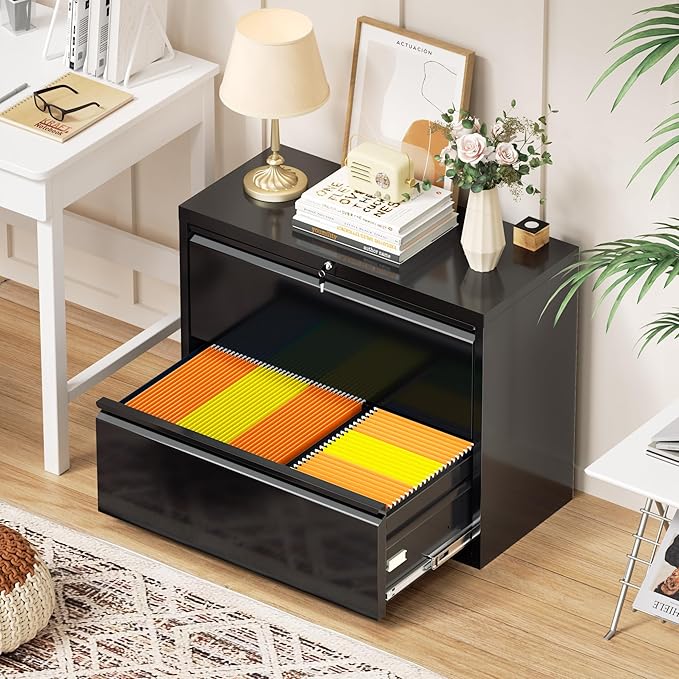 INTERGREAT File Cabinet 2 Drawers,Metal Lateral Filing Cabinet with Lock for Home Office, Locking Horizontal File Cabinet for Hanging Files Letter/Legal/F4/A4, Easy Assemble, Black,