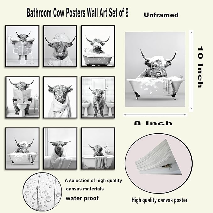SEHSUVC Funny Bathroom Cow Posters Wall Art Set of 9, Vintage Black and White Highland Cow Canvas Wall Decor Painting, Humor Animals Pictures Prints for Bedroom Bathroom Childrenroom 8x10In Unframed
