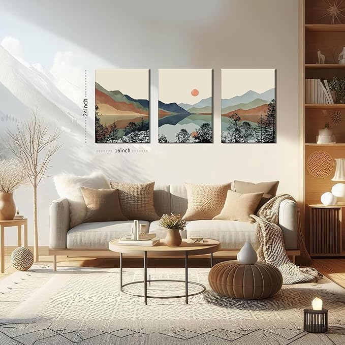 AKWISH Framed Mountain Canvas Wall Art Set of 3, Boho Watercolor Poster Prints Painting, Sun Forest Abstract Nature Landscape Artwork Wall Decor for Living Room, Bedroom, Office 16x24 In