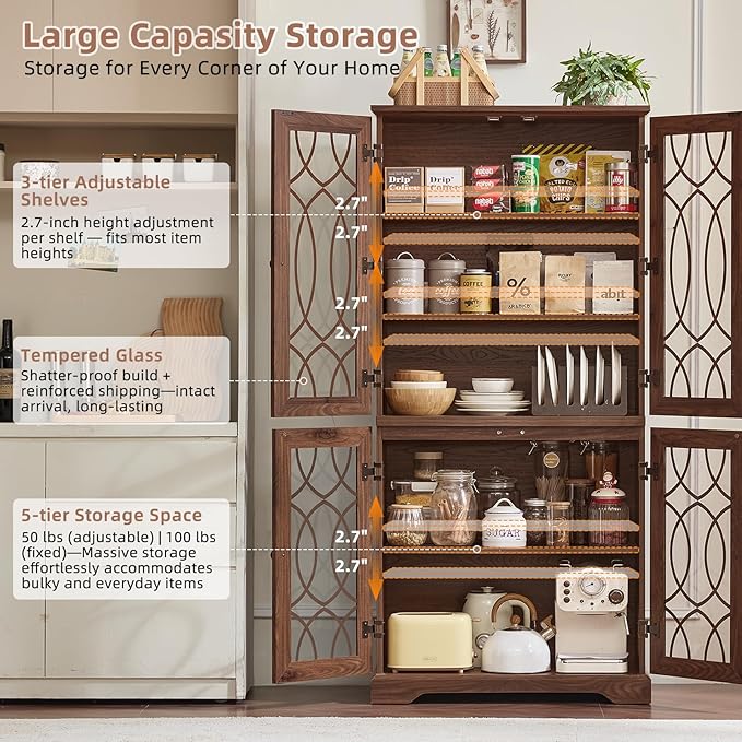 67" Tall Bookshelf Set of 3, Vintage Book Shelf with Glass Doors, 5-Tier Wood Bookcase w/Adjustable Storage Shelves, Freestanding Rustic Curio Display Cabinet for Living Room, Office, Brown