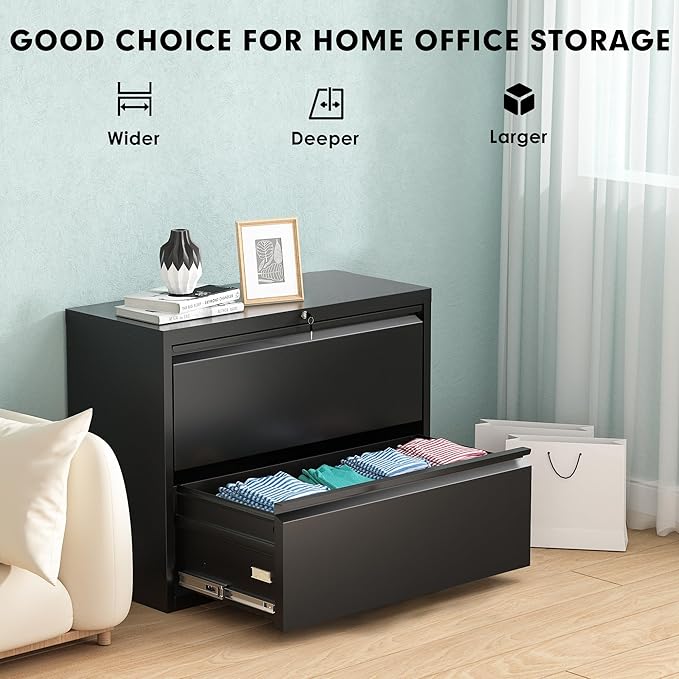 Pataku Lateral File Cabinet, 2 Drawer File Cabinet with Lock, Black Filing Cabinets for Home Office, Metal File Cabinet for Hanging Files/Letters/Legal/F4/A4