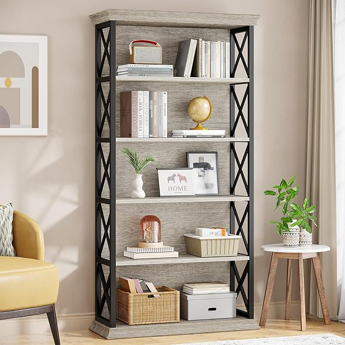 Tribesigns 6-Tier Bookcase, 71 Inches Industrial Bookshelves and Bookcases, Floor Standing 5 Shelf Display Storage Shelves Tall Bookcase for Home Office, Living Room, Bed Room, Grey