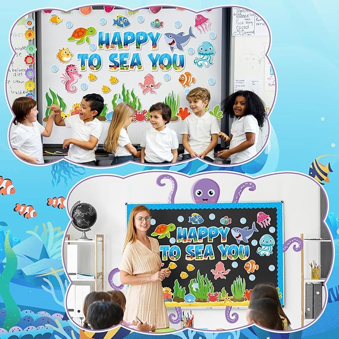 Ocean Bulletin Board Set Under the Sea Summer Classroom Bulletin Board Decoration Octopus Fish Animals Cutouts Ocean Wave Border Happy to Sea You Cutout for Education Craft Back to School Supply Decor