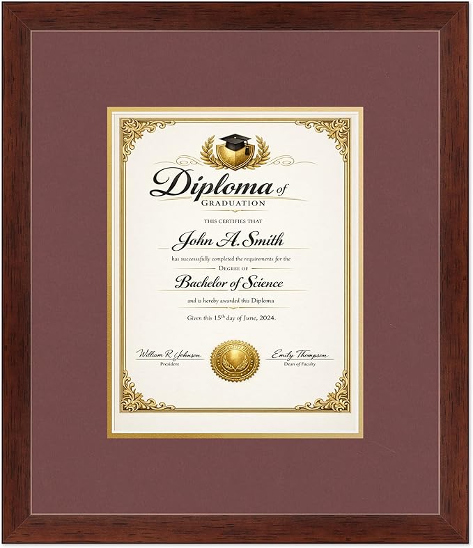 CountryArtHouse Diploma Frame Fits 8.5 x 11 Certificate (Portrait) - Keepsake Graduation Display Rustic Walnut Genuine Hardwood with Dark Red Over Metallic Gold Double mat