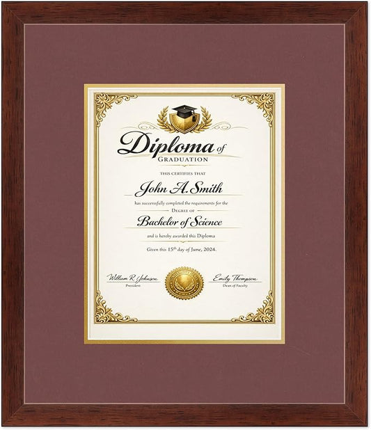CountryArtHouse Diploma Frame Fits 8.5 x 11 Certificate (Portrait) - Keepsake Graduation Display Rustic Walnut Genuine Hardwood with Dark Red Over Metallic Gold Double mat