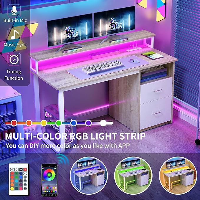 YITAHOME Computer Desk with Drawers, 47.2" Office Desk with Power Outlets & LED Light, Home Office Desk with Storage Shelves, White & Oak