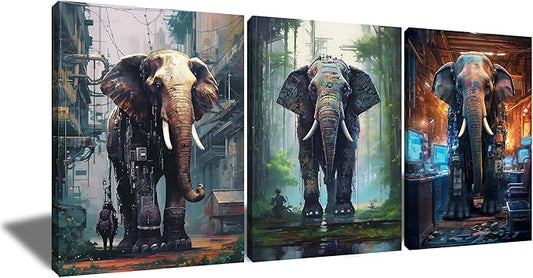 Animal Canvas Wall Art Cyberpunk Style Giant Machine Elephant HD Picture Painting Theme Abstract Poster Print Wall Decor for Modern Home Bathroom Kitchen Workplace Ready to Hang [36''W x 16''H]