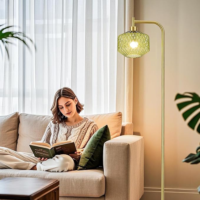 MAYNA Mid Century Modern Floor Lamp, Emerald Green Ribbed Glass Standing Lamp with Built-in Timer Switch, Gold Tall Vintage Lamps for Living Room Bedroom, 2700K LED Bulb Included