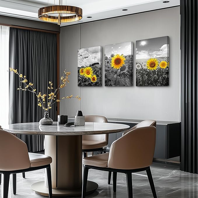 Large size Canvas Wall Art for Living Room family Bedroom wall painting Decoration,Bathroom Wall Decor kitchen Home Decoration Black and white sunflower flowerswall pictures artwork,16x24 3 piece