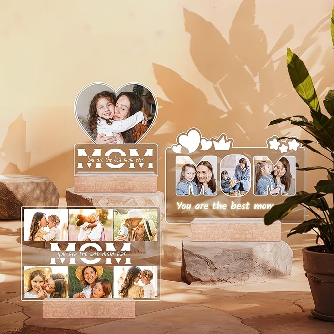 Personalized Mothers Day Gifts for Mom from Daughter Son, Custom Picture Frames with Photos, Customized Photo Frame with Night Light, Personalized Birthday Gifts for Mom Baby Kids Family
