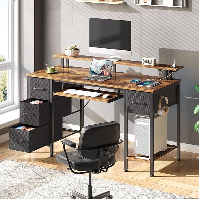 Seventable Computer Desk 55.1" with LED Lights & Power Outlets, Home Office Desk with 4 Drawers, Writing Desk with Keyboard Tray, Study Table with Monitor Stand, Work Table for Office, Rustic Brown