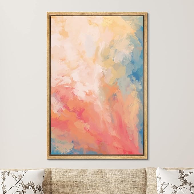 SIGNFORD Framed Canvas Print Wall Art Vibrant Pastel Paint Stroke Mosaic Abstract Shapes Digital Art Modern Art Decorative Colorful Zen Multicolor for Living Room, Bedroom, Office - 16"x24" Natural