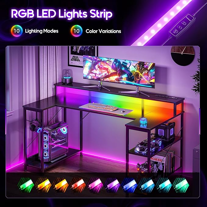 ODK 55 Inch Gaming Desk with LED Lights and Power Outlet, U-Shaped Computer Desk with Monitor Stand and Storage Shelves, PC Gamer Table for Home Office, Carbon Fiber Black