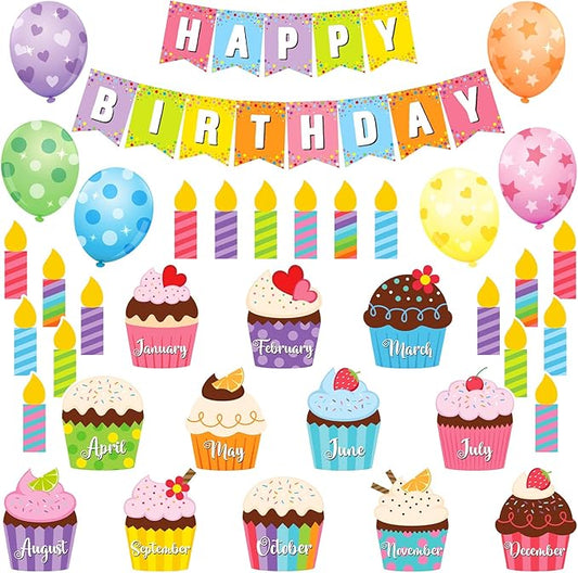 Leinuosen 45 Pieces Happy Birthday Bulletin Board Set Birthday Bulletin Board Decorations Classroom Chart Calendar Balloon Candle Cupcake Cutouts for Calendar Classrooms(Colorful)