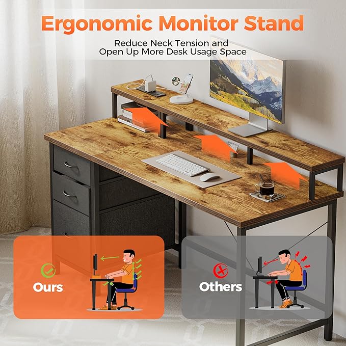 Mericonia Computer Desk 63 inch with Power Outlets & LED Lights, Gaming Desk with 3 Drawers for Home Office, Small Desk with Monitor Stand for Small Spaces, Study Writing Desk