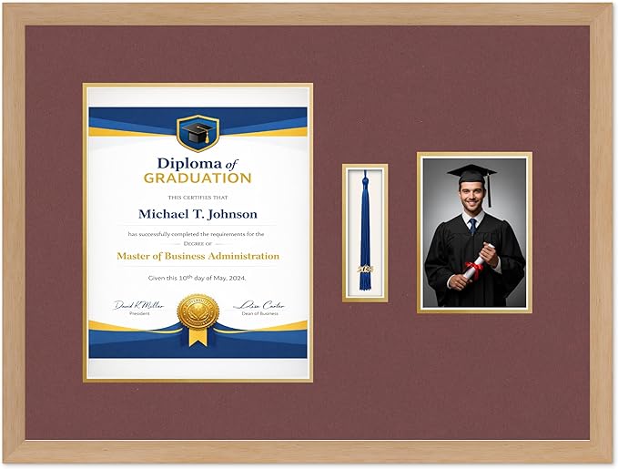Diploma Tassel and Photo Frame Natural Wood Shadowbox Dark Red Over Gold Mat - Fits 10 x 13 Degree Picture Made in the USA