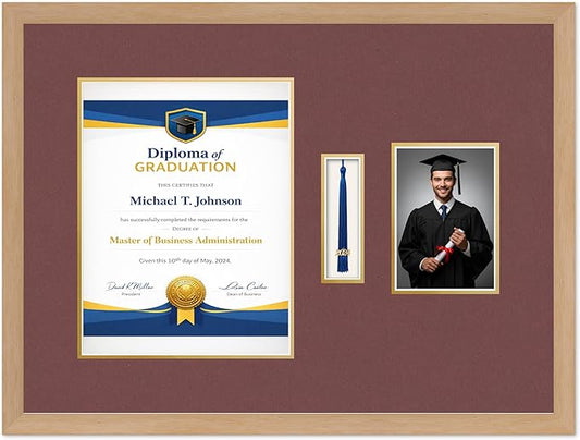Diploma Tassel and Photo Frame Natural Wood Shadowbox Dark Red Over Gold Mat - Fits 10 x 13 Degree Picture Made in the USA