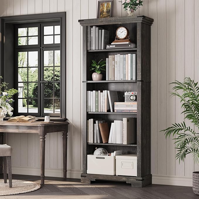 5-Tier Farmhouse Bookshelf, 61.1 inch Tall Bookcase with Storage & Unique Design & One Adjustable Shelf, Wooden Bookshelf for Study Room, Living Room, Home Office, Bedroom (Black)