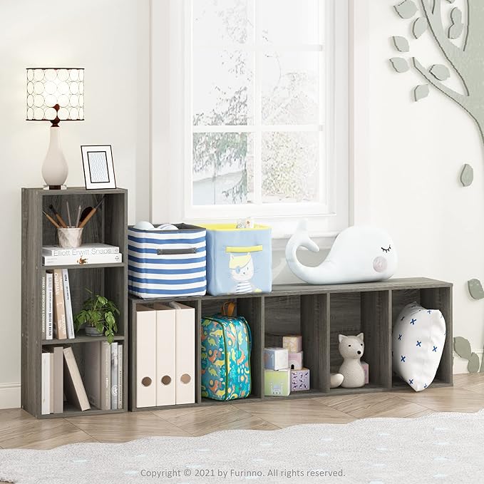 Furinno LUDER Book Shelf, 3-Cube Bookshelf, Bookcase with Open Shelves, 9.3 x 12 x 31.5, Easy Assembly, for Living Room, Bedroom, Home Office, Grey Oak