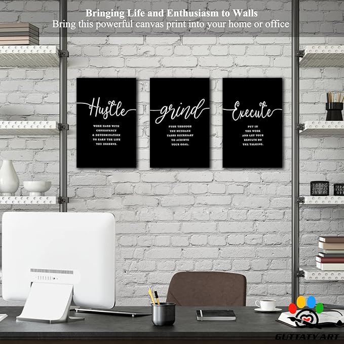 Office Wall Art - 3 Panel Motivational Canvas With Inspirational Quotes for Home Office Decor, Positive Entrepreneur Words Poster Frame for Company 12"x24"x3Pcs