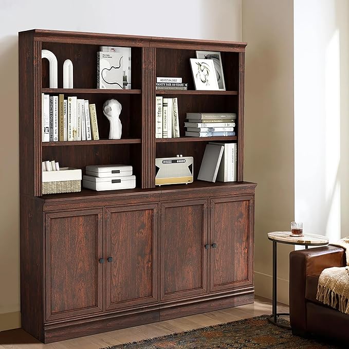 JAHRSTIM Halston Multi-Depth Bookcase, Adjustable Storage Shelving Unit with Doors for Home and Office Space, 31.5”L x 15.75”W x 72.8”H, Dark Cherry