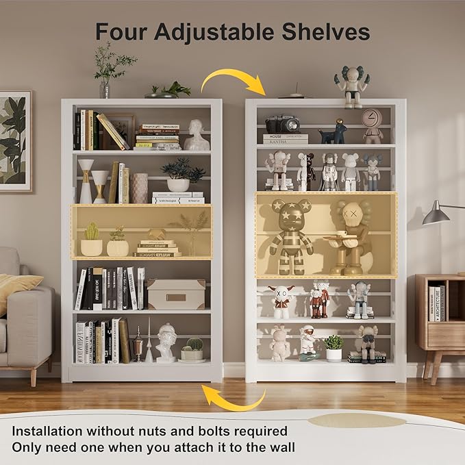 69" Bookshelf,5-Tier Bookshelf, Large Bookcases and Bookshelves,Taller and Wider Metal Storage Organizer, Sturdy Bookshelf for Living Room,Home Library (White)