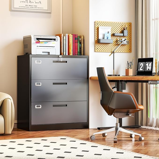 Metal 3 Drawer Lateral File Cabinet with Lock, Wide&Deep Filing Cabinet for Letter/Legal/F4/A4 Hanging Files, Includes Business Card Holder, Home Office School Storage