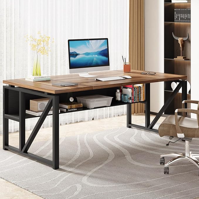 Tribesigns 63 inches Computer Desk with Bottom Storage Shelf Home Office Desk Writing Table for Workstation, Dark Walnut + Steel Leg, Cabinet not Included (Walnul, 63-inch-with Shelf)