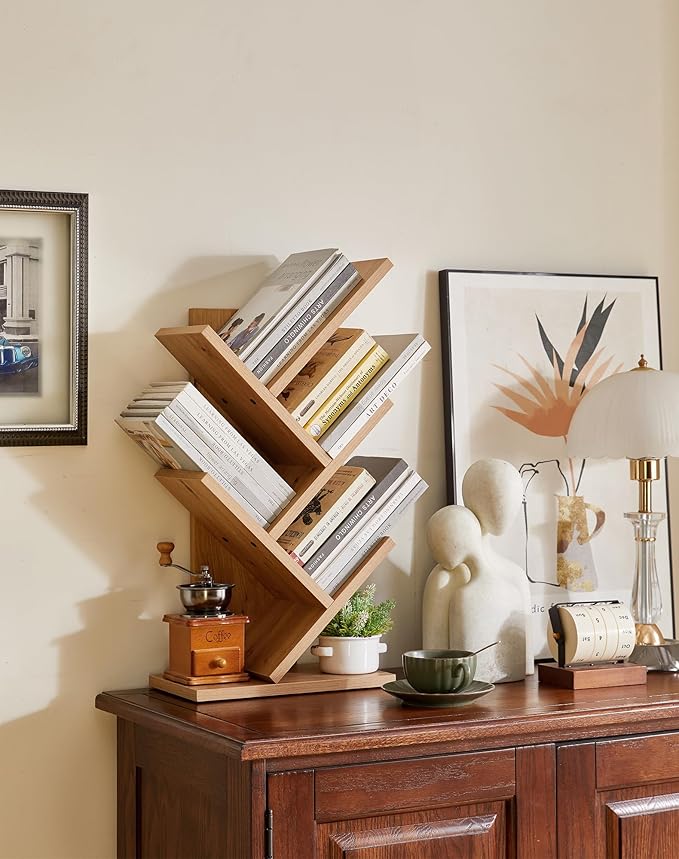 YMYNY 4 Tier Tree Bookshelf, Small Bookcase, Modern Wood Book Storage Rack, Freestanding Book Shelf for Books/Movies/CDs, Narrow Display Rack for Living Room, Home Office, Light Oak UHBC014K