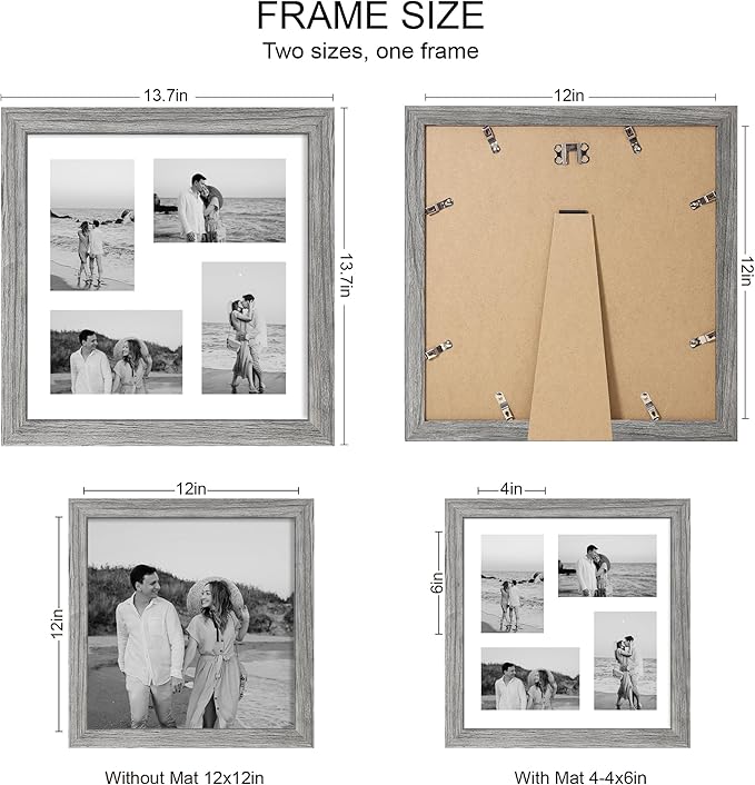 12x12 Picture Frame Set of 2, Grey Wood Frame with Glass Collage Frame, Display Pictures 4-4x6 With Mat or 12 x 12 Without Mat, Square Photo Frames Collage for Wall Hanging or Tabletop