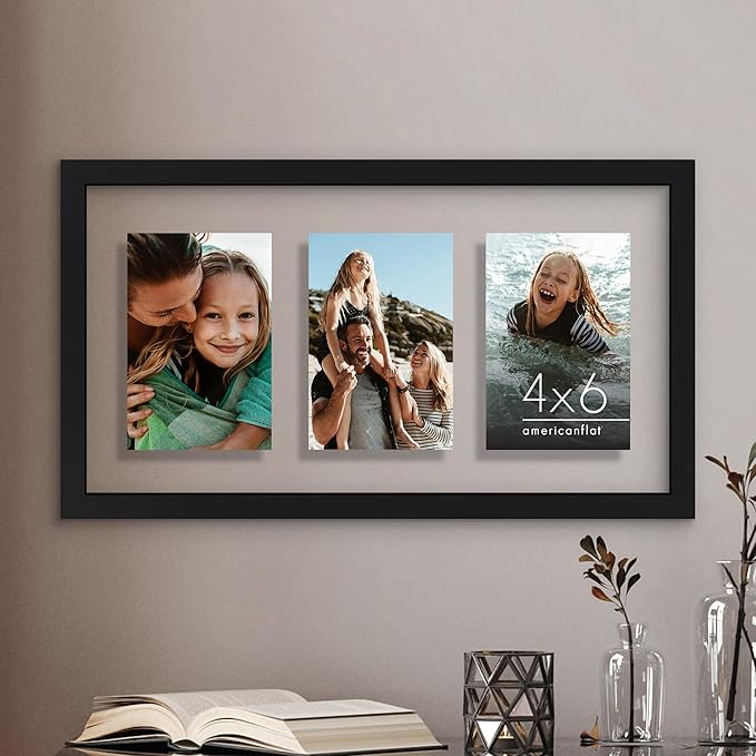Americanflat 4x6 Collage Picture Frame with Shatter-Resistant Glass - Fits Three 4x6 Photos or use as One 9x17 Frame - Signature Collection - Collage Frames with Floating Effect - Black