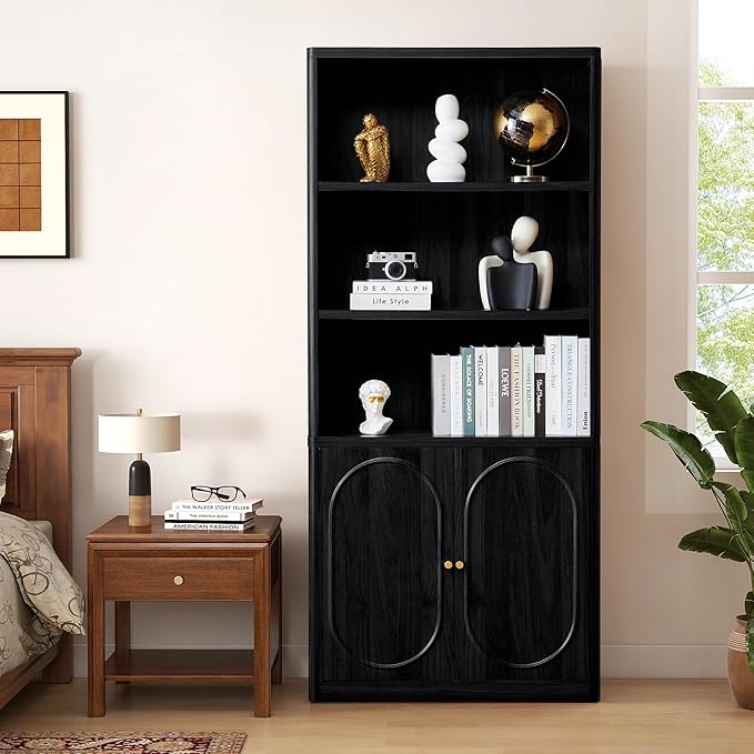 70" Tall Bookshelf, 5 Tier Large Wood Bookcase with Doors, Modern Floor Standing Bookshelves and Bookcases, Open Display Shelves with Storage Cabinet for Living Room, Bedroom, Classroom, Office, Black