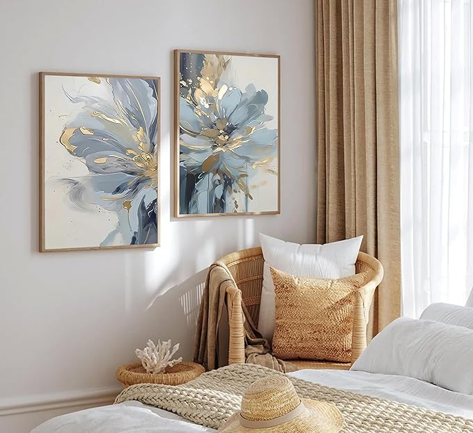 2Pcs Neutral Abstract Floral Canvas Wall Art Luxurious Light Blue Grey And Gold Flower Painting Pictures Wall Decor Poster Print Artwork for Living Room Bedroom Bathroom Home Decoration Unframed