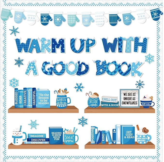 Pasimy 79 Pcs Winter Bookshelf Bulletin Board Decoration Warm Up with A Good Book Bulletin Board Snowflake Paper Cutout Winter Motivational Classroom Decor for School Chalkboard Window Wall Home Decor
