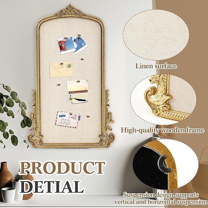 Vintage Framed Pin Board Linen Display Bulletin Board Large Cork Fabric Picture Photo Pinboard Memo Ornate Decorative Pinboard Ornate for Wall Gift(Arch,19" X 31",Gold)
