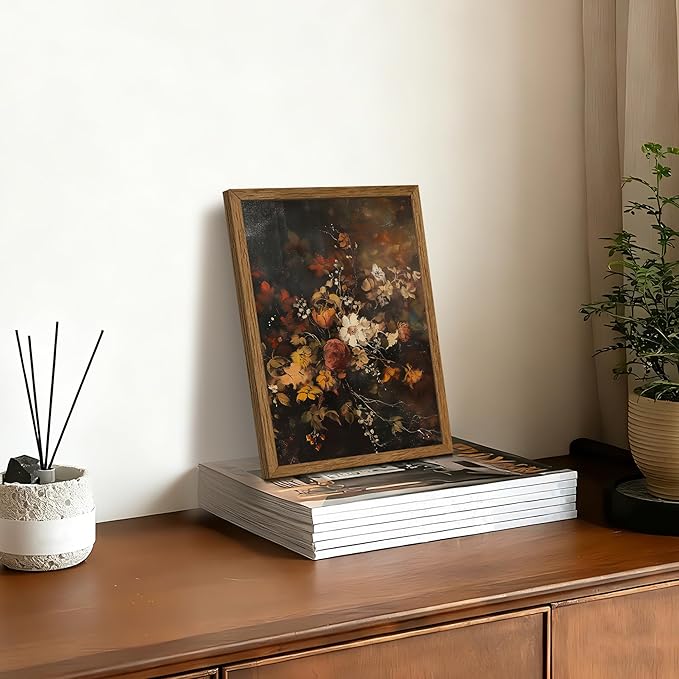 AVECCO Framed Dark Academia Vintage Flowers Canvas Wall Art, Nature Botanical Painting Wall Decor, Farmhouse Floral Plant Art Prints for Bathroom Bedroom Living Room Office Home Ready to Hang 8x10 In