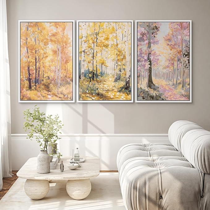 SIGNWIN Framed Canvas Print Wall Art Set Golden Autumn Forest Watercolor Woodland Path Illustrations Modern Art Decorative Abstract for Living Room, Bedroom, Office - 24"x36"x3 White
