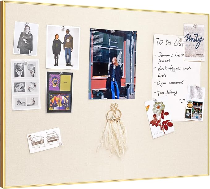 Bulletin Board 24 x 18 inches, Oatmeal White Pin Board, Golden Aluminum Framed Fabric Cork Board with 10 Push Pins