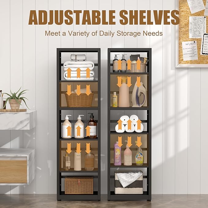5 Tier Bookshelf, 55"Tall Metal Bookcase with Adjustable Shelves, Modern Display Book Shelf, Black Bookcase Shelf, Utility Shelf, Storage Shelves for Office, Living Room, Kitchen, Study-16"W