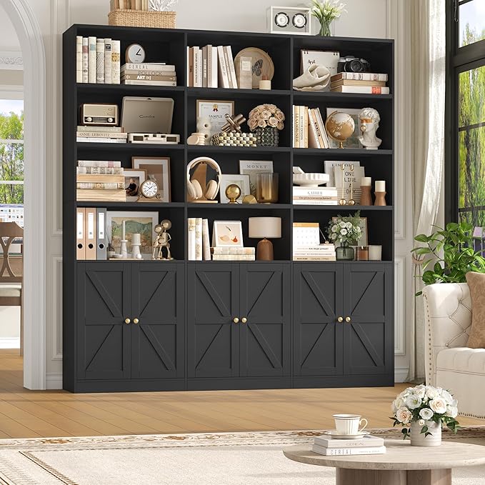 FACBOTALL 75" Triple Wide Bookshelf, Bookshelf and Bookcase with 6 Farmhouse Doors, 71" Wide 6 Tier Book Shelf with 18 Storage Shelves, Large Wooden Bookshelves, Tall Bookcase for Home Office, Black